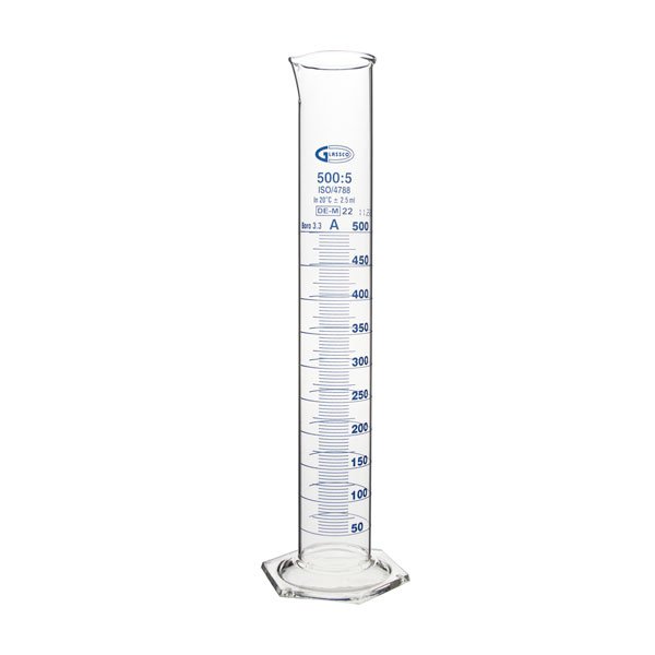 Éprouvette en verre borosilicaté 3.3, classe A, base hexagonale, marque Glassco.